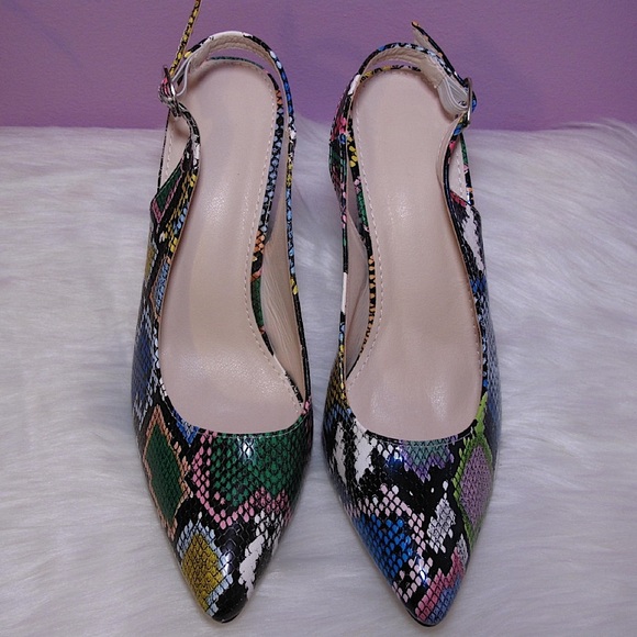 Multicolor Snakeskin Slingback Heels & Matching Round Bag Set - Picture 1 of 8